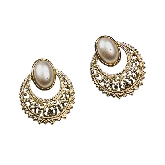 Vintage Jewelry - 1970s Vintage Gold Caged Pearl Earrings Grandmacore Retro Glam Gaudy Earrings